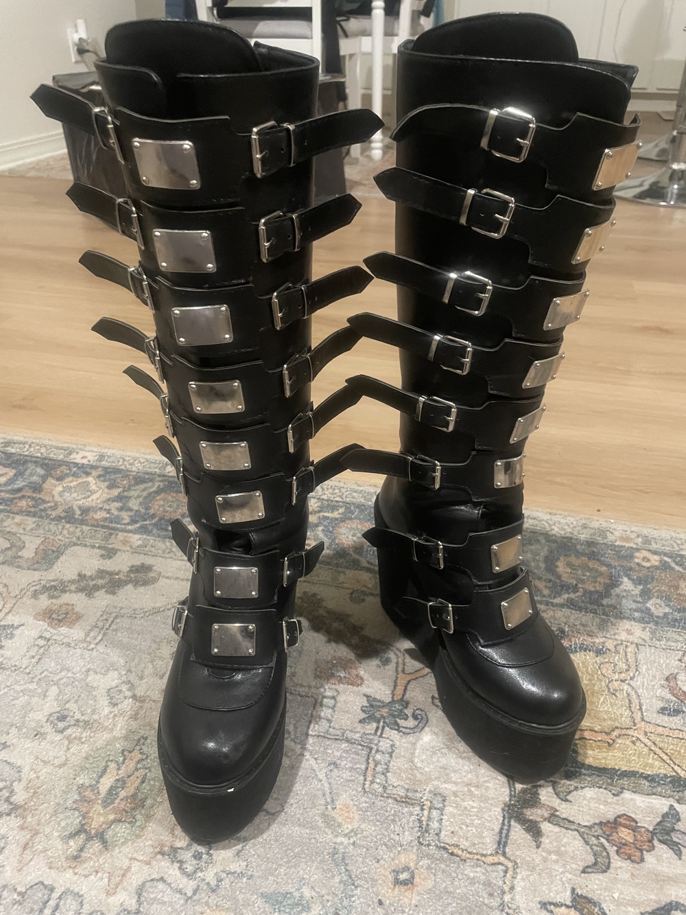 Black Gothic Platform Knee-High Buckle Boots